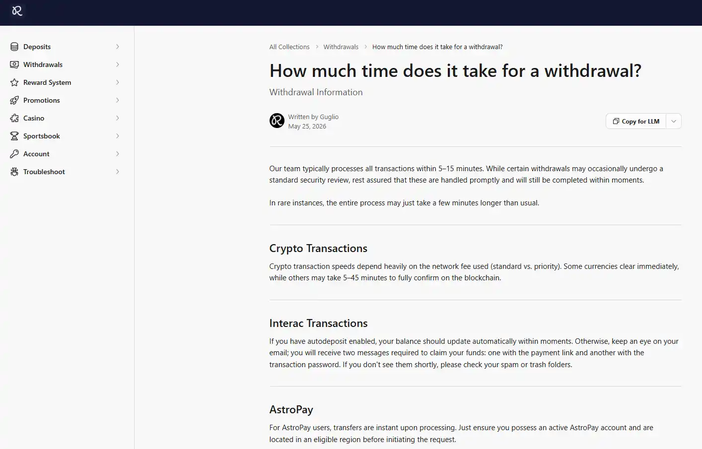 Rainbet official Help Center article explaining withdrawal processing and cryptocurrency confirmation times