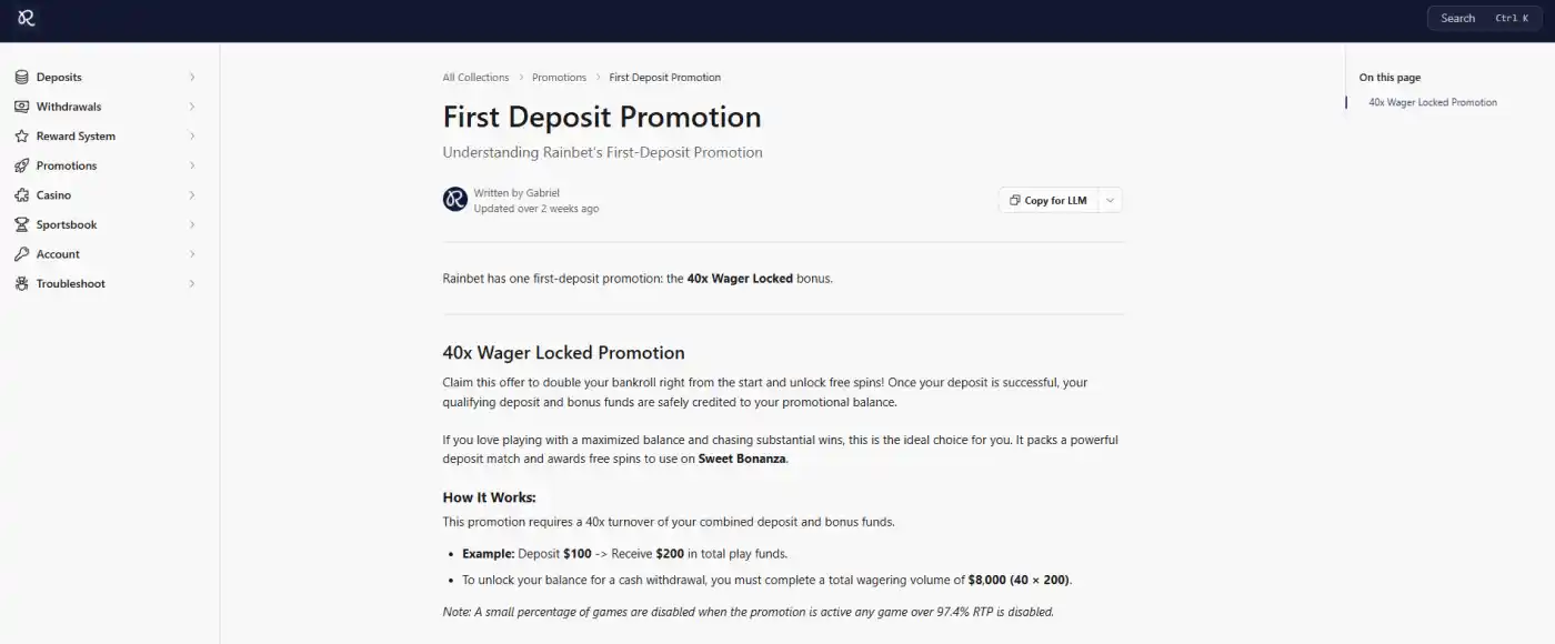 Rainbet First Deposit Promotion Help Center showing the current 40x Wager Locked offer