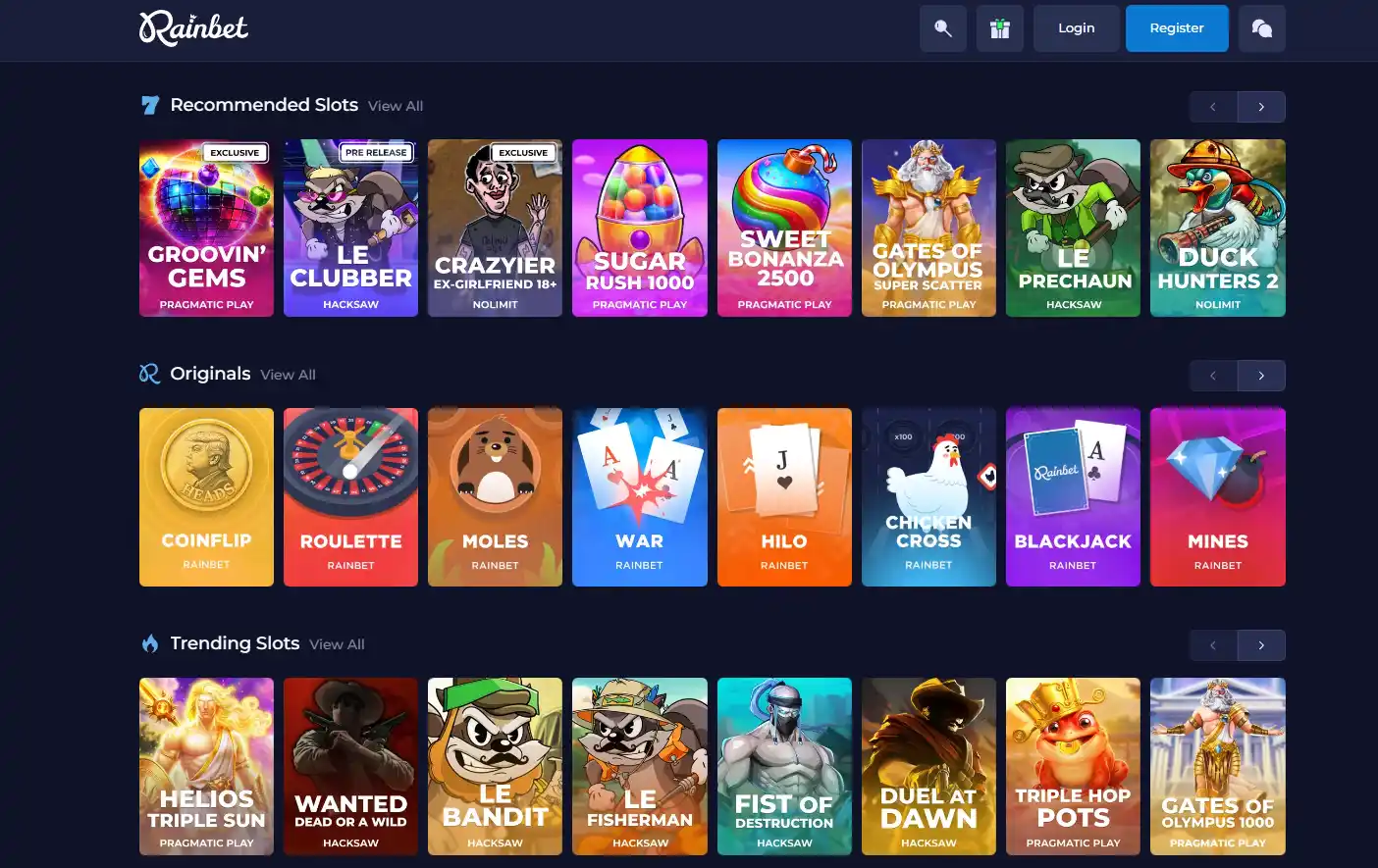 Rainbet casino lobby showing current game categories and navigation