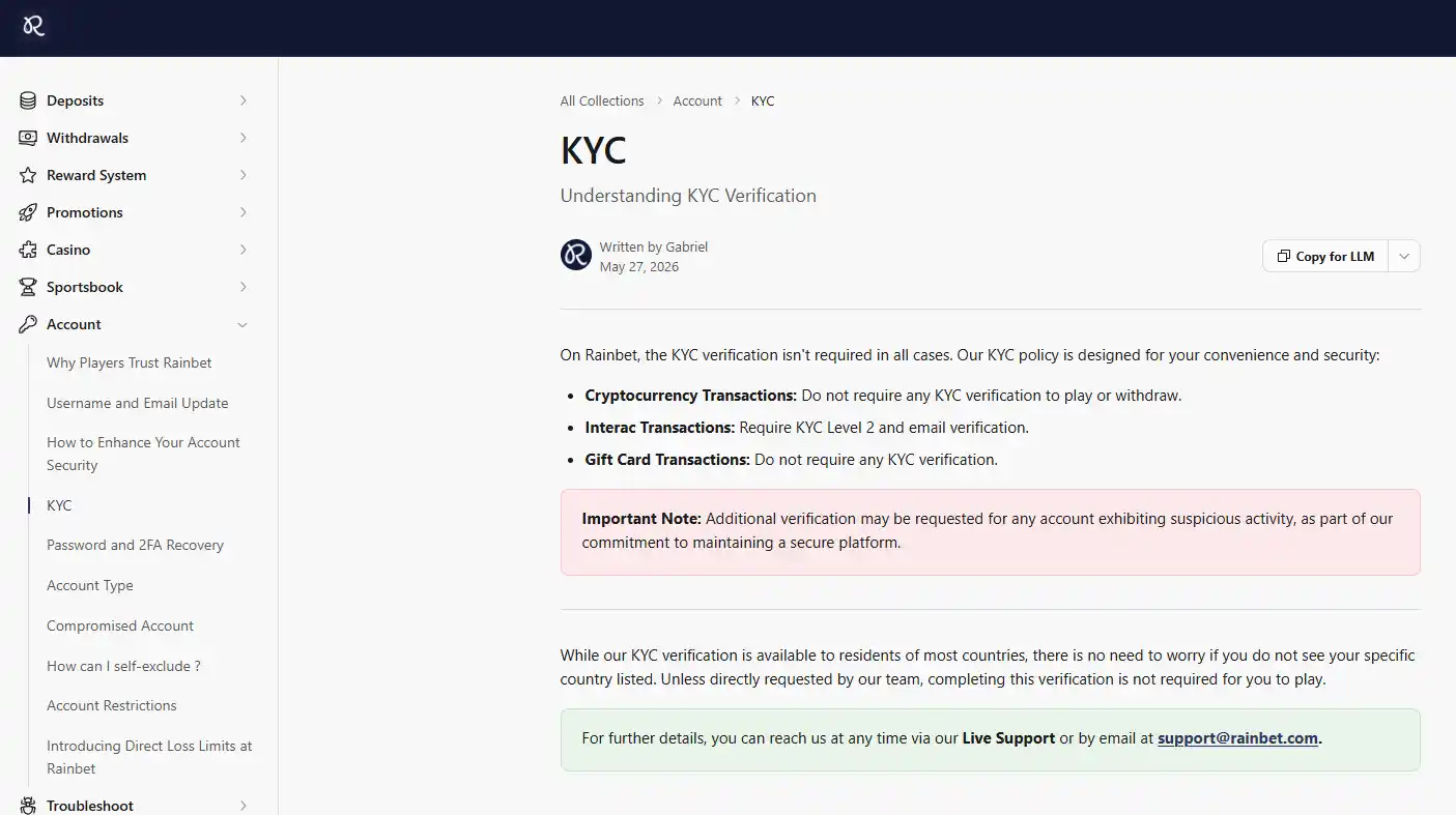 Current Rainbet Help Center KYC article explaining conditional verification