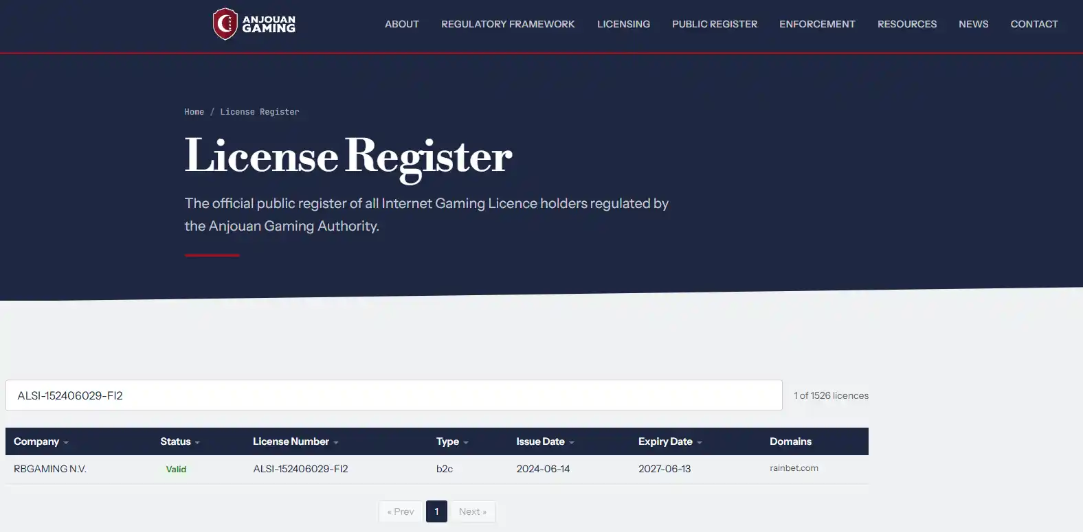 Anjouan Gaming Authority licence register entry for RBGAMING N.V. and rainbet.com