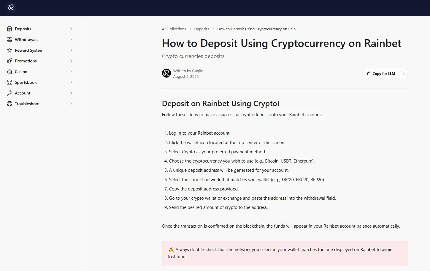 Rainbet cryptocurrency deposit help interface showing crypto and network selection steps