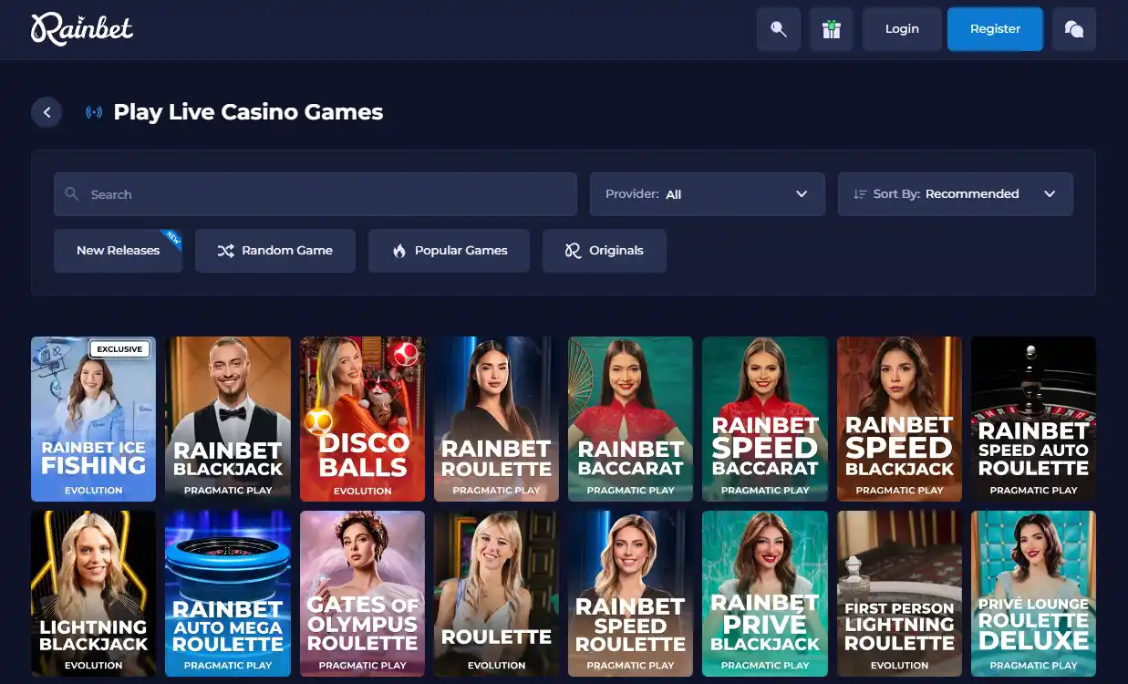Rainbet live casino lobby showing current live game presentation
