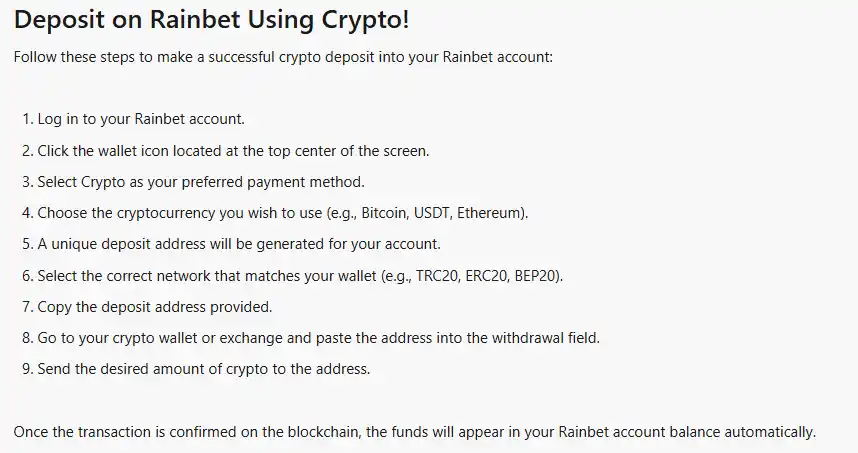 Rainbet official cryptocurrency deposit instructions showing asset and blockchain network selection