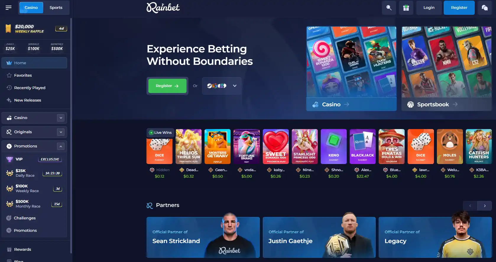 Current Rainbet homepage interface showing the real brand navigation and casino presentation